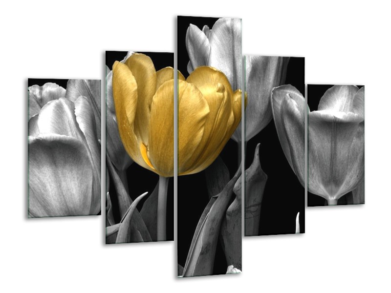 Canvas schilderij Tulp | Goud, Zilver, Grijs | 100x70cm 5Luik