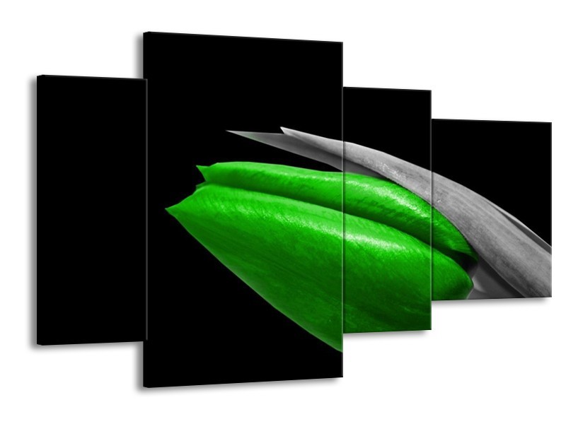 Canvas schilderij Tulp | Groen, Zwart, Grijs | 120x75cm 4Luik