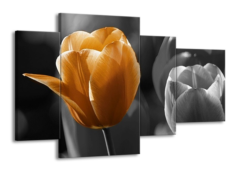Canvas schilderij Tulp | Geel, Oranje, Grijs | 120x75cm 4Luik