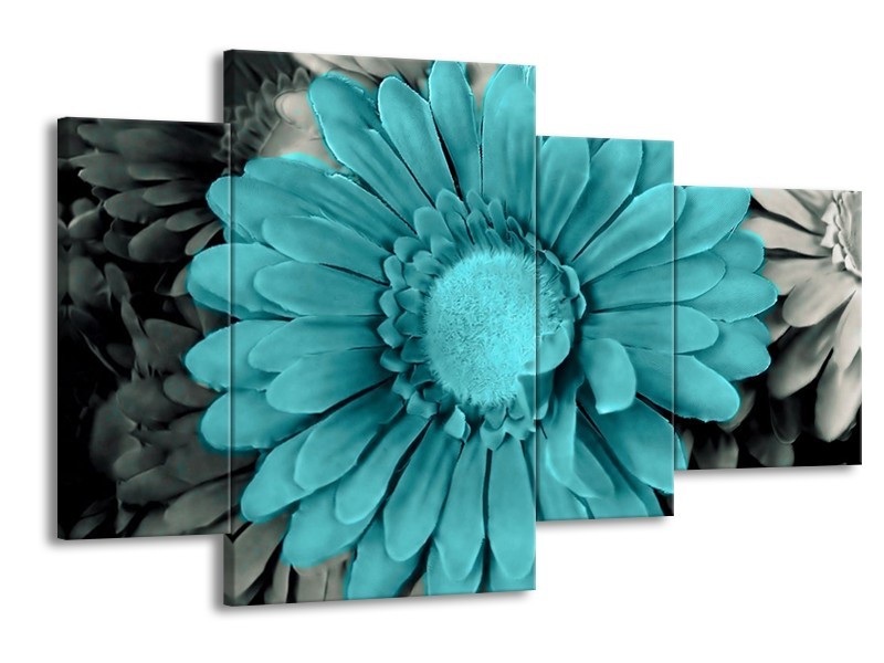Canvas schilderij Gerbera | Blauw, Grijs | 120x75cm 4Luik