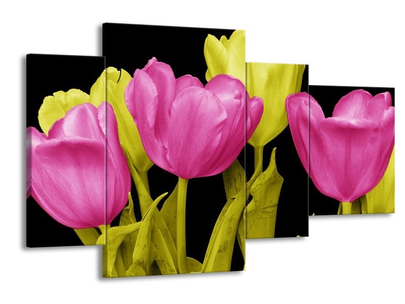 Canvas schilderij Tulp | Roze, Geel, Zwart | 120x75cm 4Luik