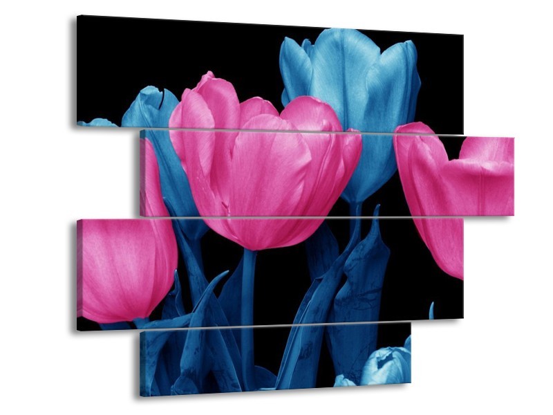 Canvas schilderij Tulp | Roze, Blauw, Zwart | 115x85cm 4Luik