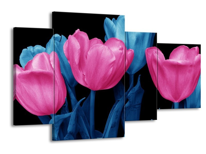 Canvas schilderij Tulp | Roze, Blauw, Zwart | 120x75cm 4Luik