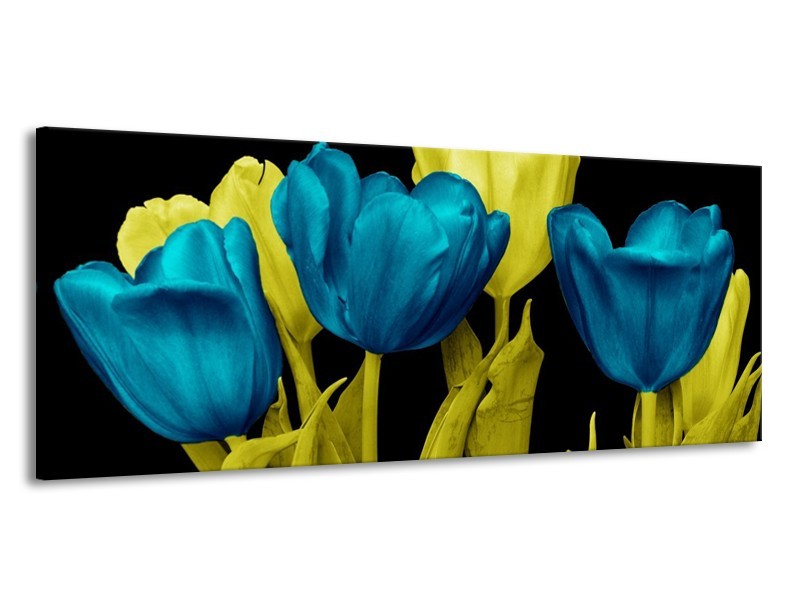 Canvas schilderij Tulp | Blauw, Geel, Zwart | 145x58cm 1Luik