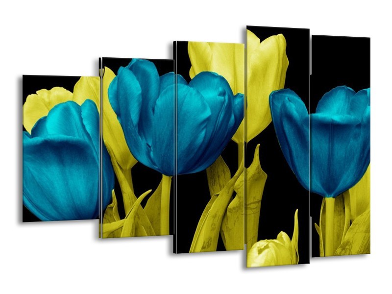 Canvas schilderij Tulp | Blauw, Geel, Zwart | 150x100cm 5Luik