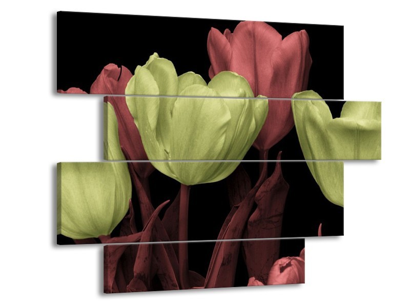Canvas schilderij tulp | Geel, Rood, Zwart | 115x85cm 4Luik