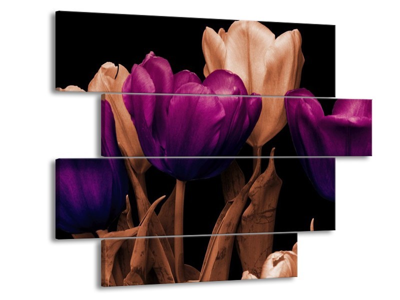 Canvas schilderij Tulp | Paars, Bruin, Zwart | 115x85cm 4Luik