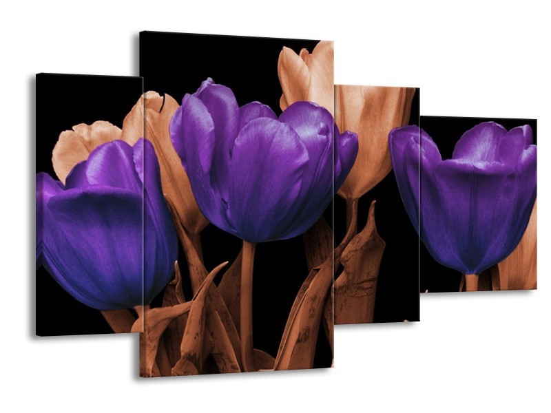 Canvas schilderij Tulp | Paars, Bruin, Zwart | 120x75cm 4Luik