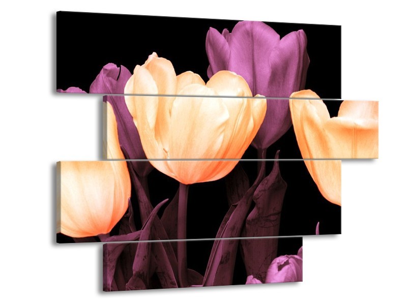 Canvas schilderij Tulp | Geel, Paars, Zwart | 115x85cm 4Luik