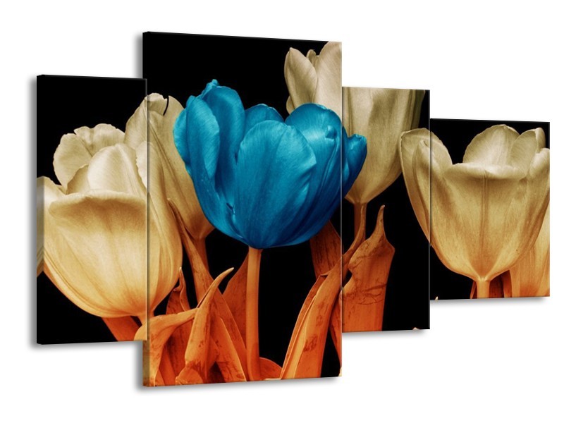 Canvas schilderij Tulp | Blauw, Oranje, Zwart | 120x75cm 4Luik