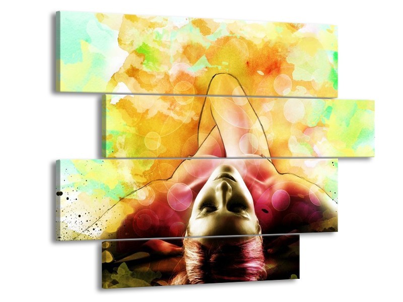Glas schilderij Vrouw | Geel, Groen, Rood | 115x85cm 4Luik