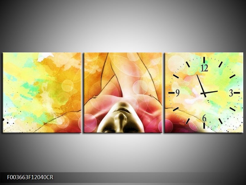 Klok schilderij Vrouw | Geel, Groen, Rood | 120x40cm 3Luik