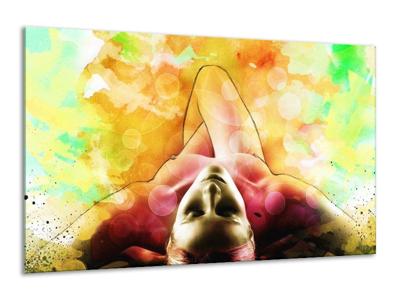 Glas schilderij Vrouw | Geel, Groen, Rood | 120x70cm 1Luik