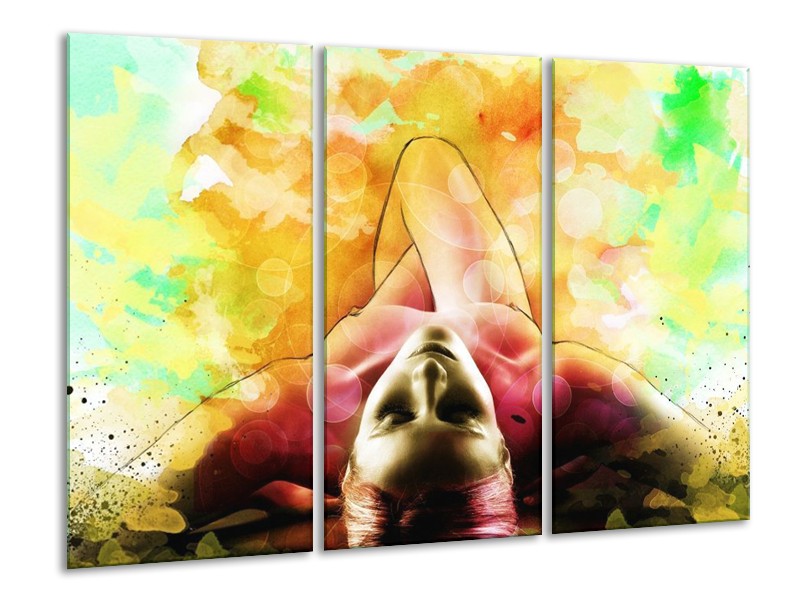 Canvas schilderij Vrouw | Geel, Groen, Rood | 120x80cm 3Luik