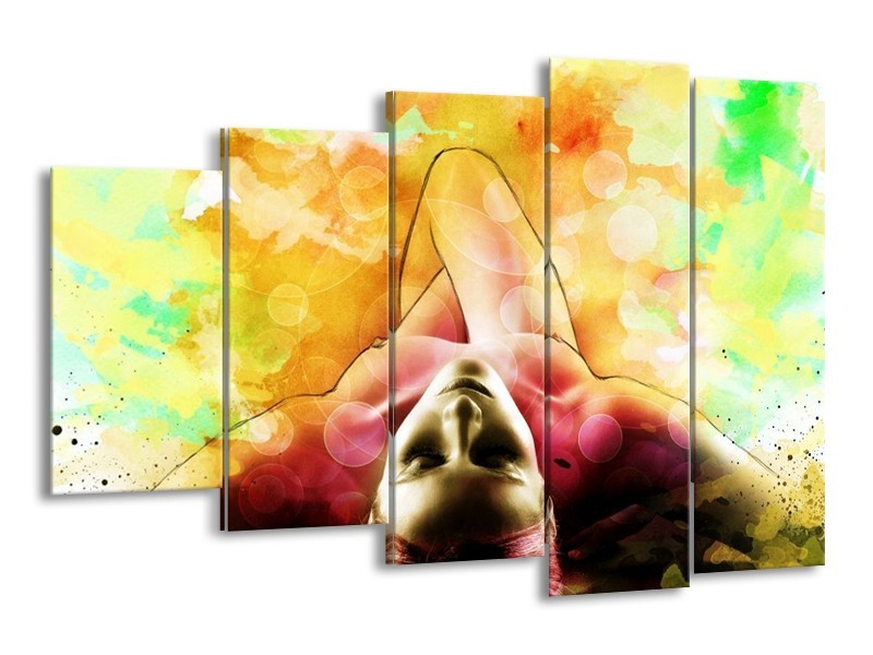 Canvas schilderij Vrouw | Geel, Groen, Rood | 150x100cm 5Luik
