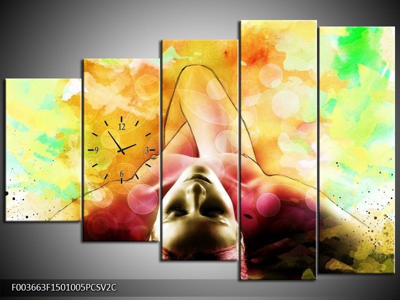 Klok schilderij Vrouw | Geel, Groen, Rood | 150x100cm 5Luik