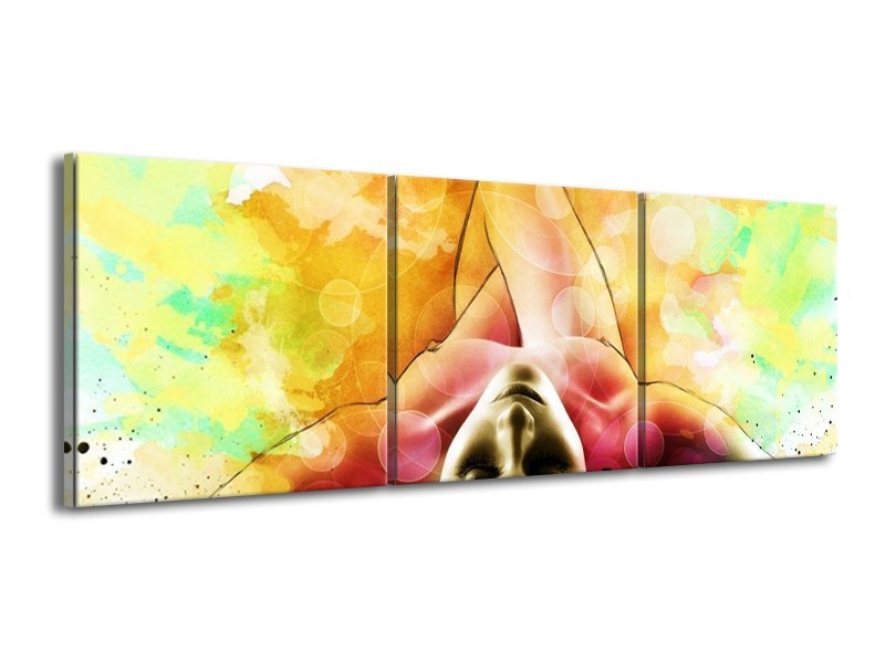 Canvas schilderij Vrouw | Geel, Groen, Rood | 150x50cm 3Luik