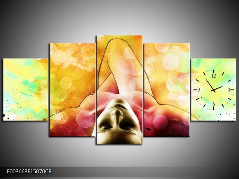 Klok schilderij Vrouw | Geel, Groen, Rood | 150x70cm 5Luik