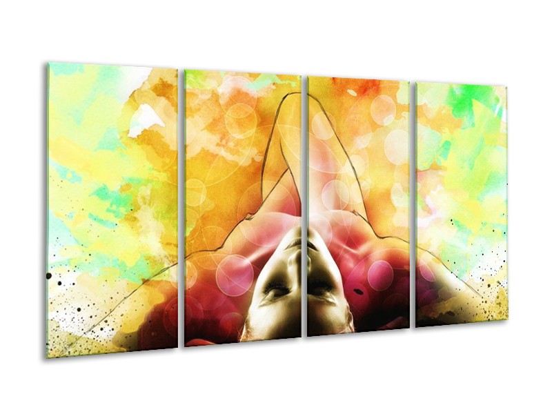 Canvas schilderij Vrouw | Geel, Groen, Rood | 160x80cm 4Luik