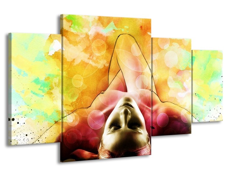 Canvas schilderij Vrouw | Geel, Groen, Rood | 160x90cm 4Luik