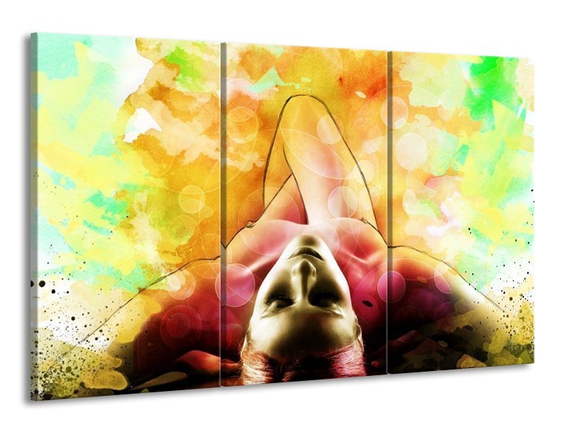 Canvas schilderij Vrouw | Geel, Groen, Rood | 165x100cm 3Luik