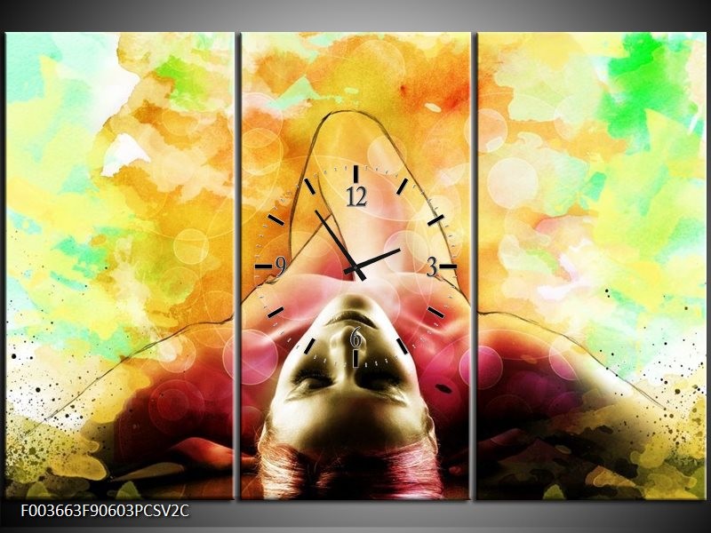 Klok schilderij Vrouw | Geel, Groen, Rood | 90x60cm 3Luik