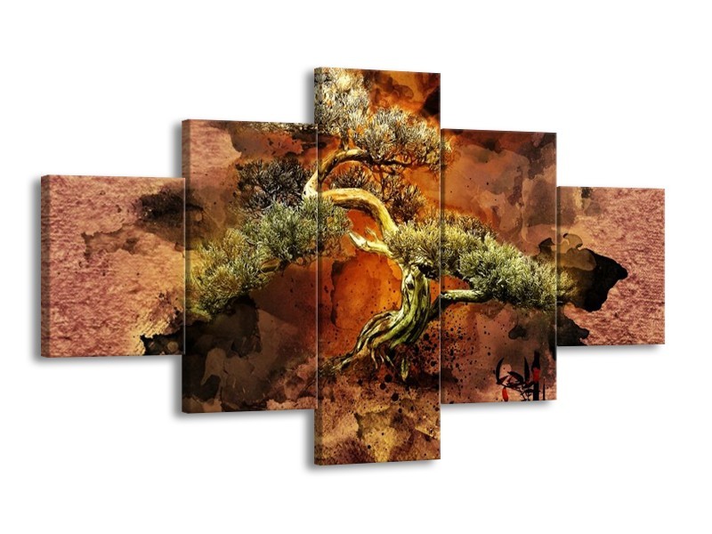 Canvas schilderij Bonsai | Groen, Bruin, Zwart | 125x70cm 5Luik