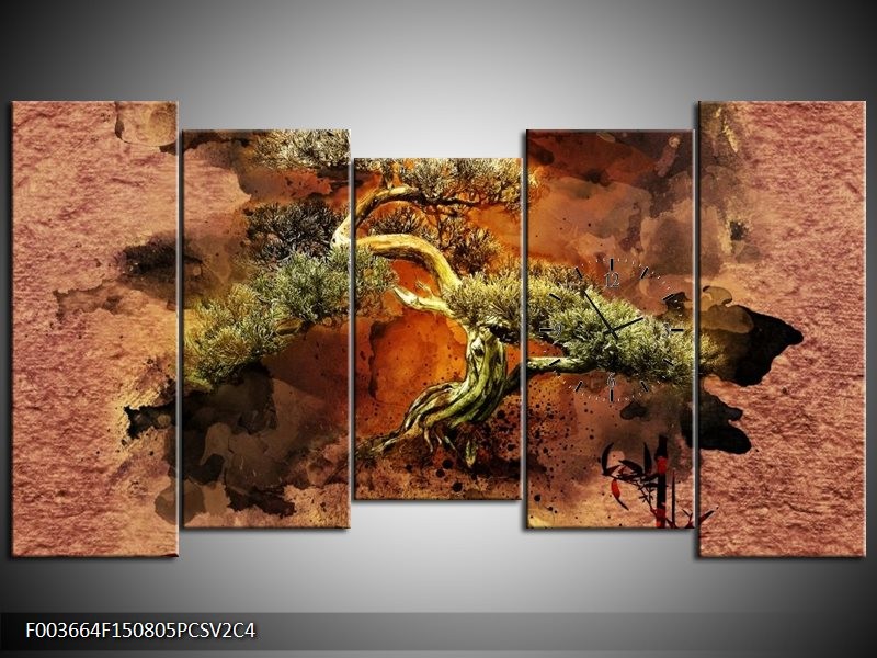 Klok schilderij Bonsai | Groen, Bruin, Zwart | 150x80cm 5Luik