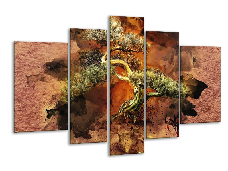 Canvas schilderij Bonsai | Groen, Bruin, Zwart | 170x100cm 5Luik