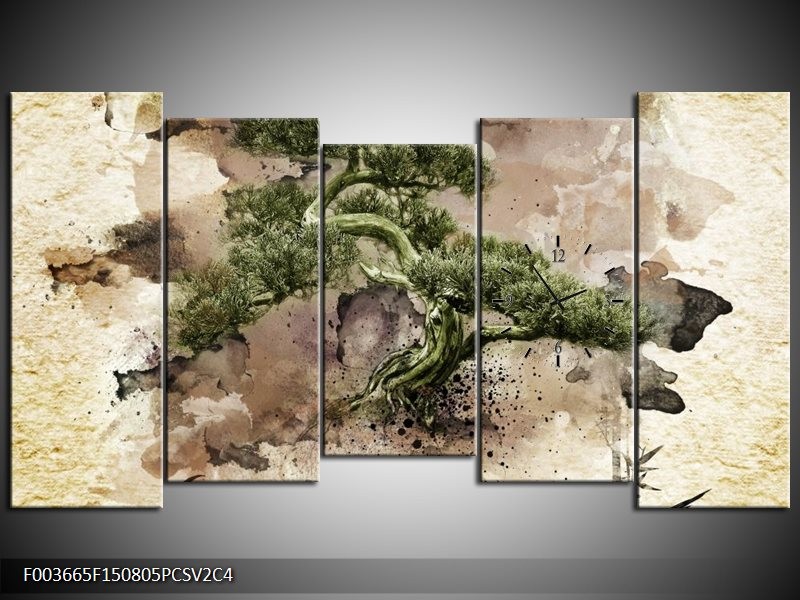 Klok schilderij Bonsai | Groen, Wit | 150x80cm 5Luik