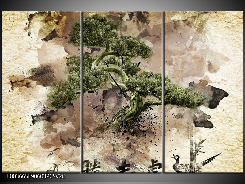 Klok schilderij Bonsai | Groen, Wit | 90x60cm 3Luik