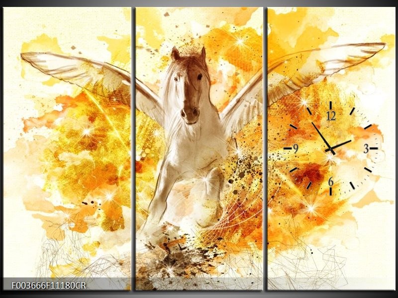 Klok schilderij Paard | Geel, Wit, Goud | 111x80cm 3Luik