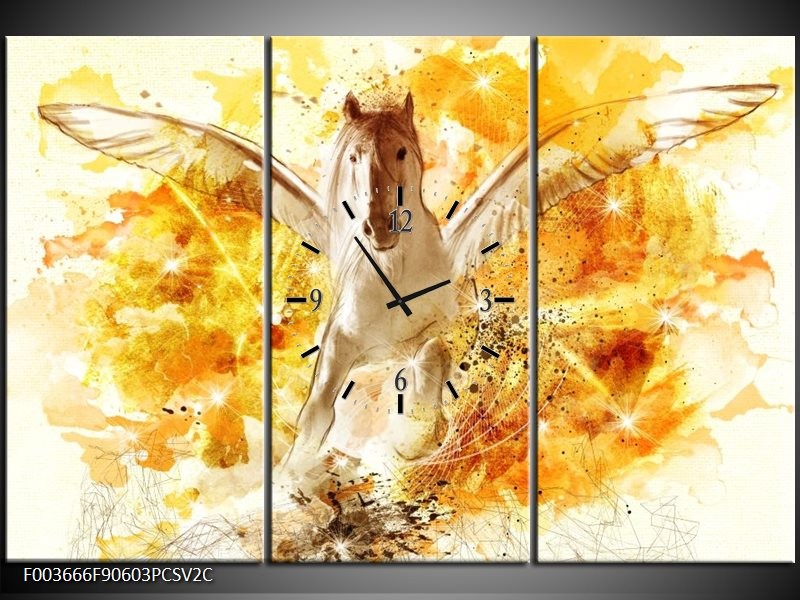 Klok schilderij Paard | Geel, Wit, Goud | 90x60cm 3Luik