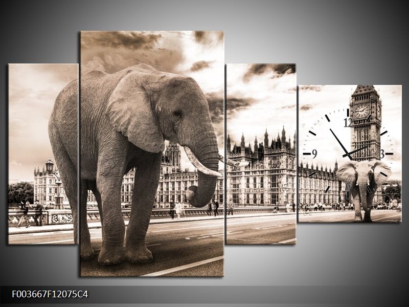 Klok schilderij Olifant | Grijs, Zwart | 120x75cm 4Luik