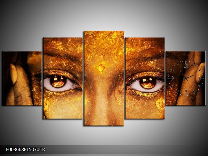 Klok schilderij Gezicht | Bruin, Geel, Goud | 150x70cm 5Luik