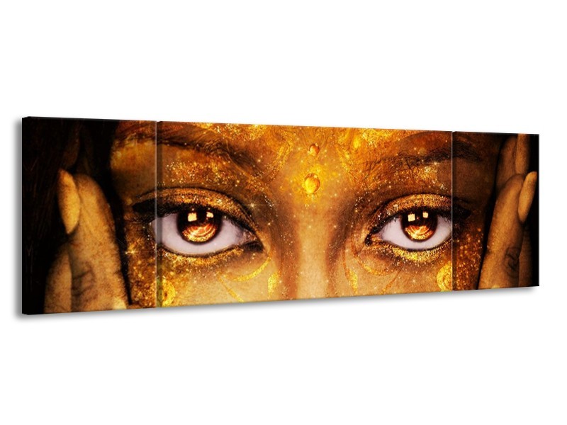 Canvas schilderij Gezicht | Bruin, Geel, Goud | 170x50cm 3Luik