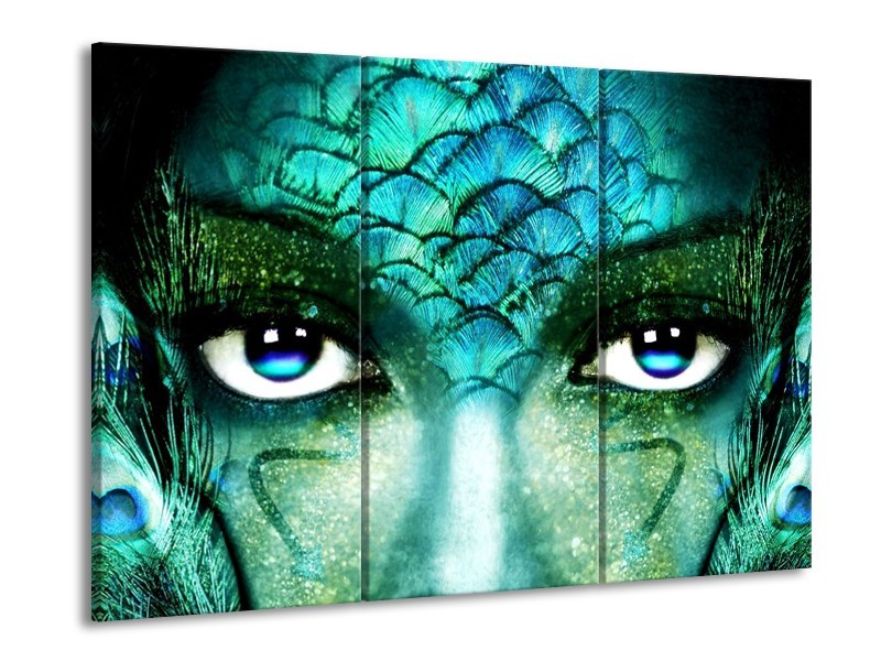 Canvas schilderij Gezicht | Blauw, Wit, Zwart | 90x60cm 3Luik