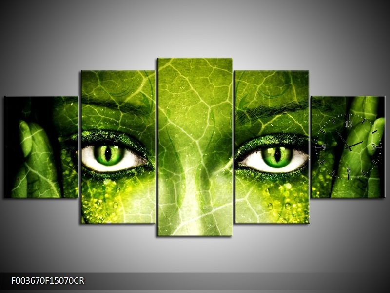 Klok schilderij Gezicht | Groen, Wit, Zwart | 150x70cm 5Luik