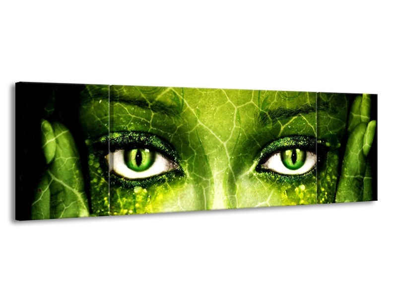 Canvas schilderij Gezicht | Groen, Wit, Zwart | 170x50cm 3Luik