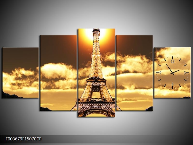 Klok schilderij Eiffeltoren | Geel, Goud, Zwart | 150x70cm 5Luik