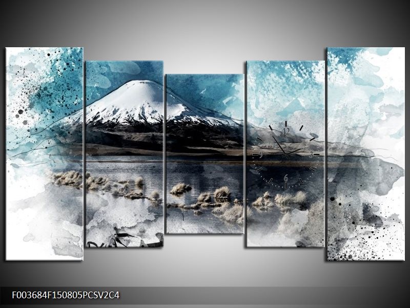 Klok schilderij Bergen | Blauw, Wit, Zwart | 150x80cm 5Luik