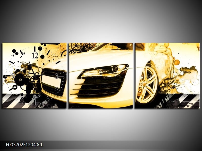 Klok schilderij Audi | Geel, Zwart, Wit | 120x40cm 3Luik