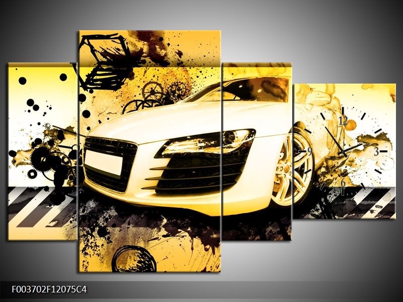 Klok schilderij Audi | Geel, Zwart, Wit | 120x75cm 4Luik