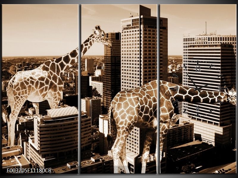 Klok schilderij Giraffe | Bruin, Wit | 111x80cm 3Luik
