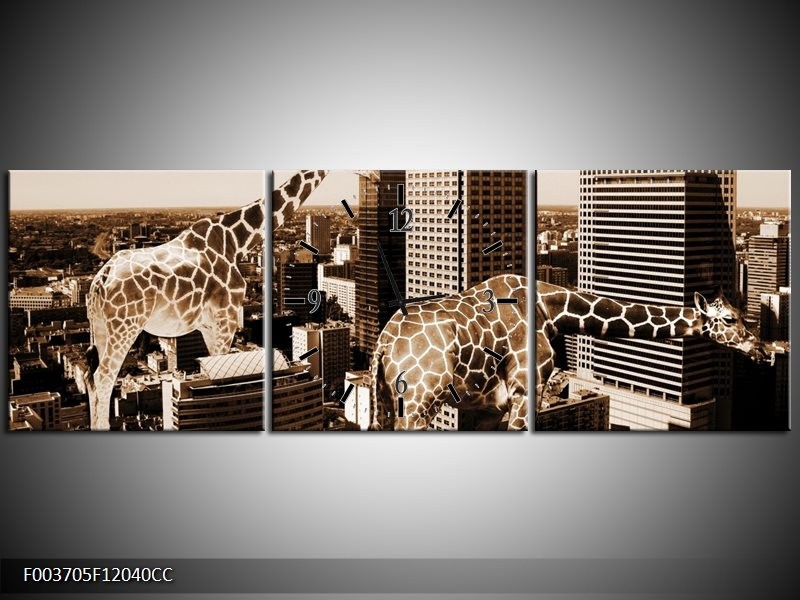 Klok schilderij Giraffe | Bruin, Wit | 120x40cm 3Luik