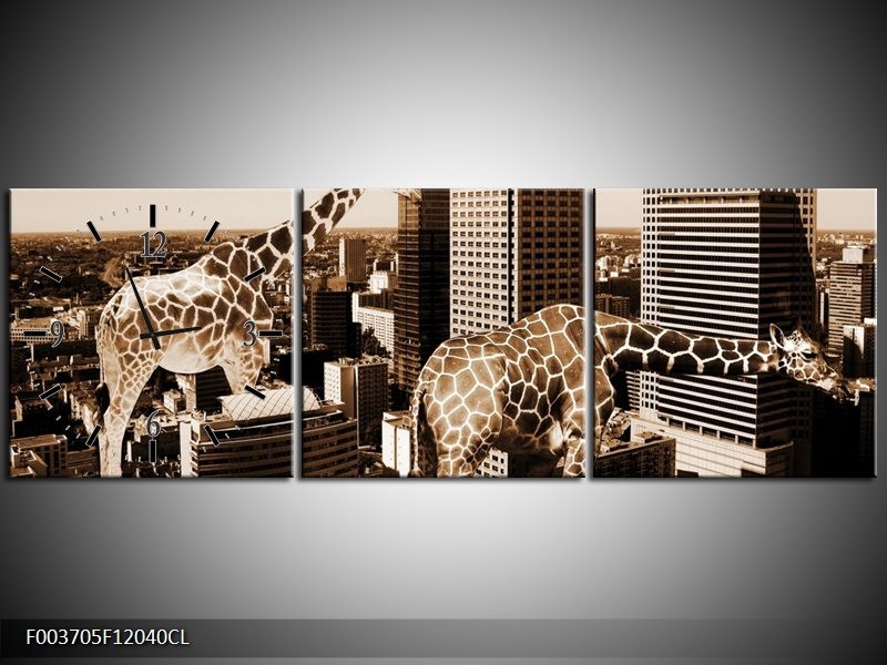 Klok schilderij Giraffe | Bruin, Wit | 120x40cm 3Luik
