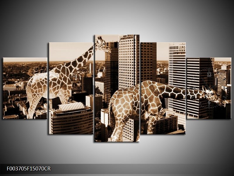 Klok schilderij Giraffe | Bruin, Wit | 150x70cm 5Luik