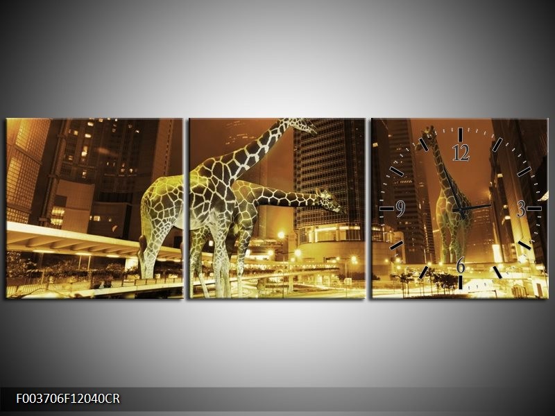 Klok schilderij Giraffe | Geel, Bruin, Zwart | 120x40cm 3Luik