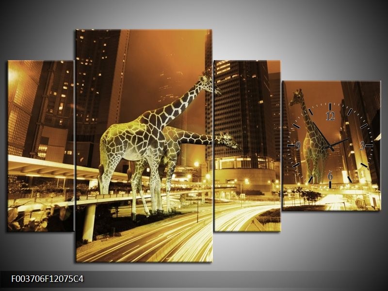 Klok schilderij Giraffe | Geel, Bruin, Zwart | 120x75cm 4Luik