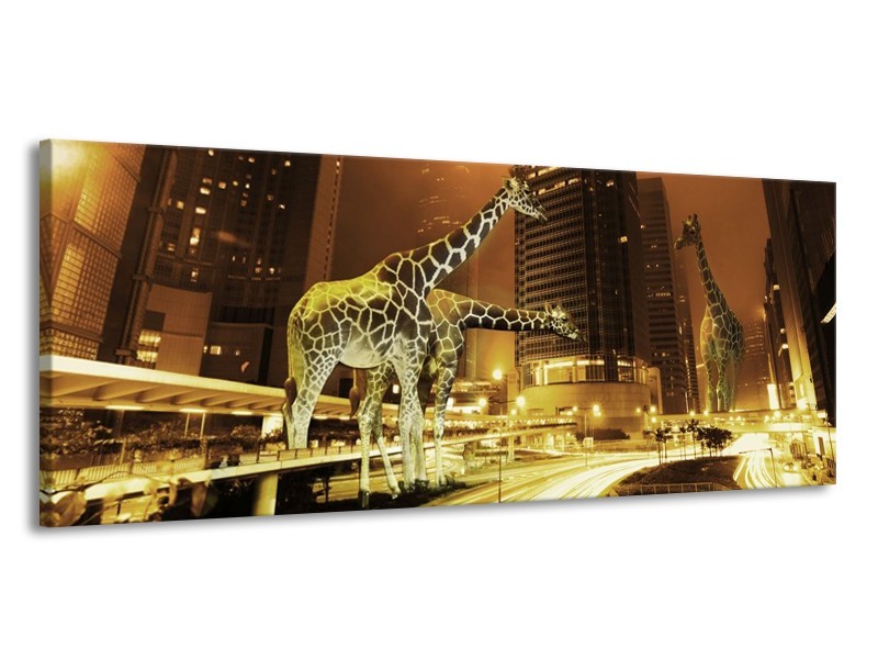 Canvas schilderij Giraffe | Geel, Bruin, Zwart | 145x58cm 1Luik